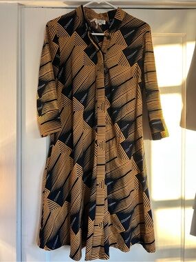 Geometric Navy and Mustard Midi Shirt Dress by Zuri